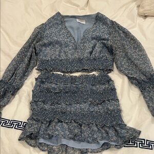 Storia Blue Floral Smocked Crop Top and Mini Skirt Set